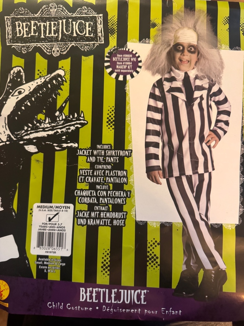 Beetlejuice Kids Costume - Black and White Striped Jacket & Pants Size 5-7